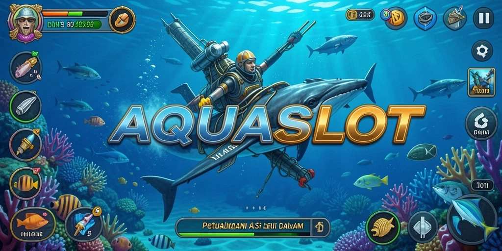 Tangkapan layar utama AQUASLOT menampilkan aksi menjelajahi laut yang mendebarkan.