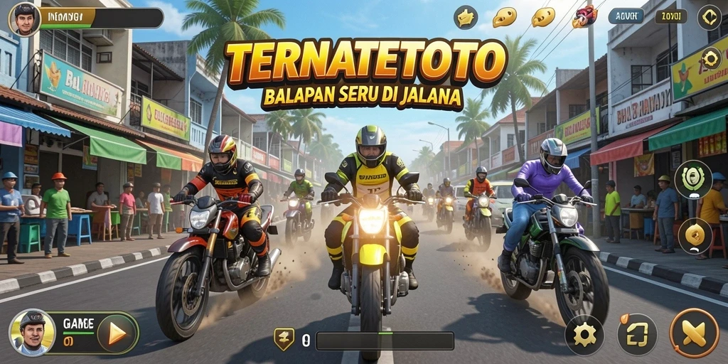 Screenshot gameplay TERNATETOTO dengan mobil balap di trek menantang.